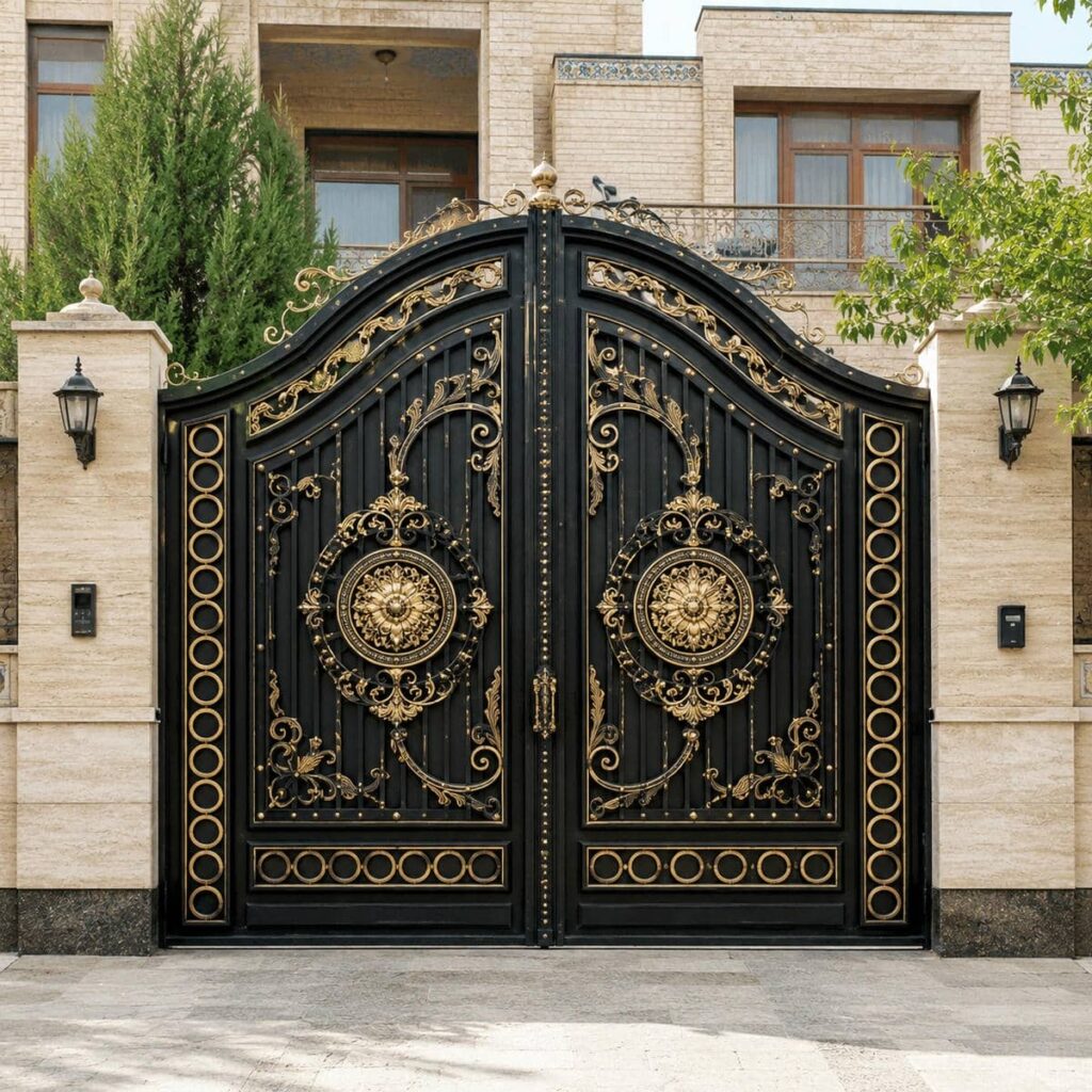درب ویلایی مشکی طلایی فرفورژه با تزئینات کنترل شده