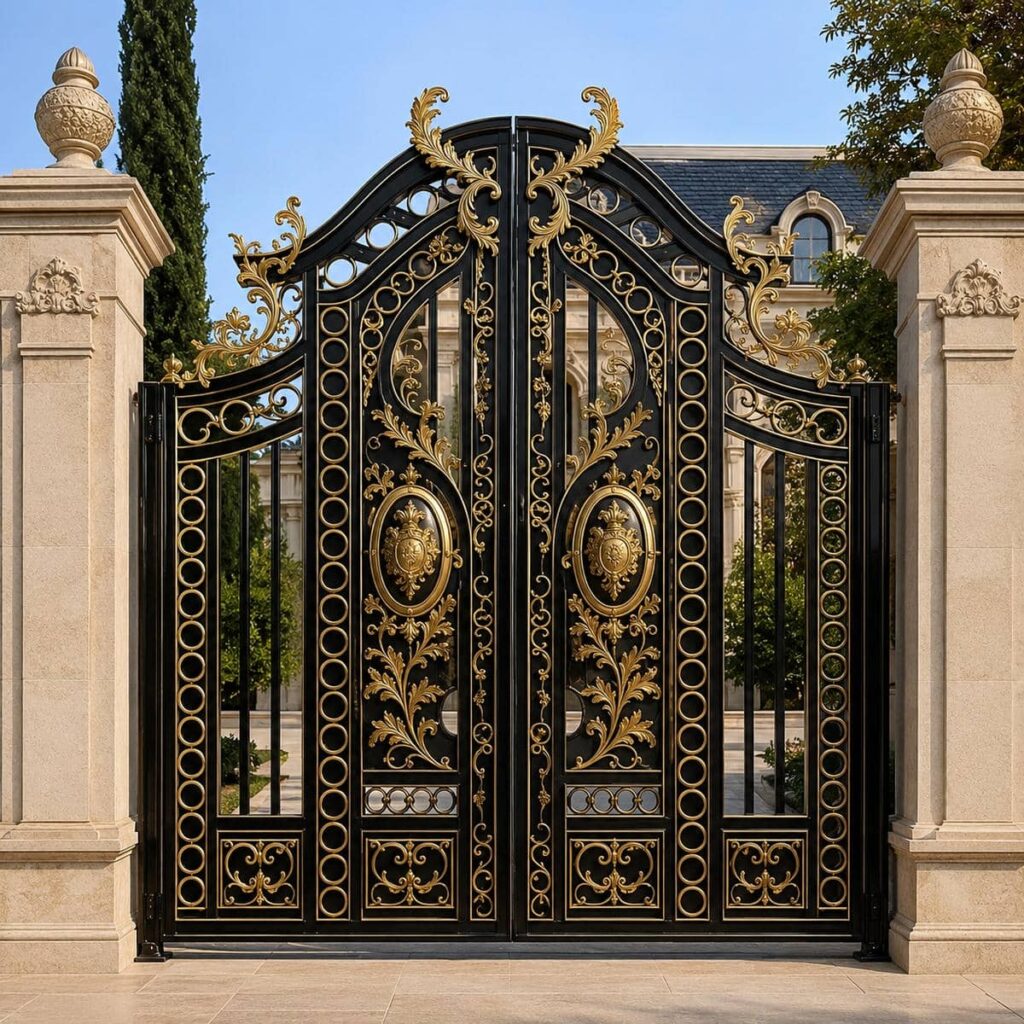 درب حیاط مشکی طلایی مینیمال با خطوط طلایی منظم