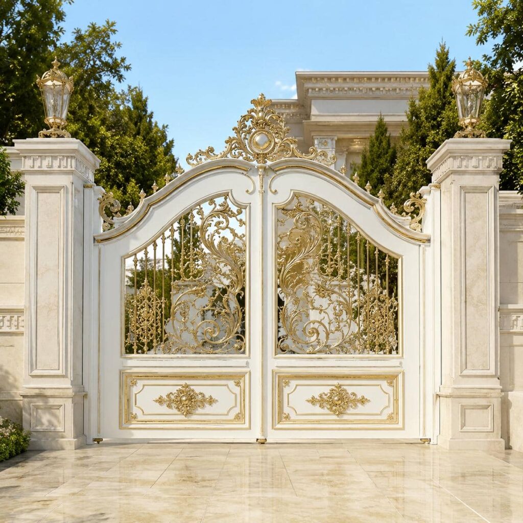 ساخت درب حیاط سفید طلایی با زیرسازی و پوشش ضدخوردگی
